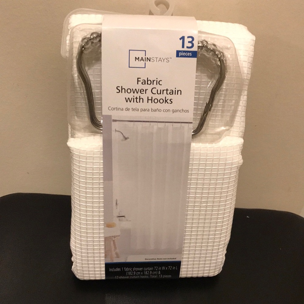 Mainstay White Fabric Shower Curtain With Hooks